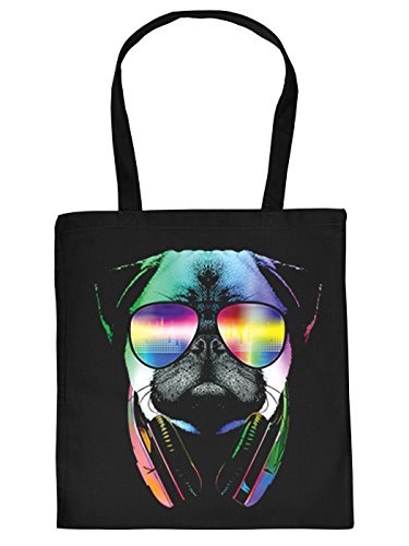 Cool Bedruckte Stofftasche/Jutebeutel/Einkaufstasche in schwarz mit trendy Neon Motiv: DJ Pug - Mops mit Sonnenbrille und Kopfhörer