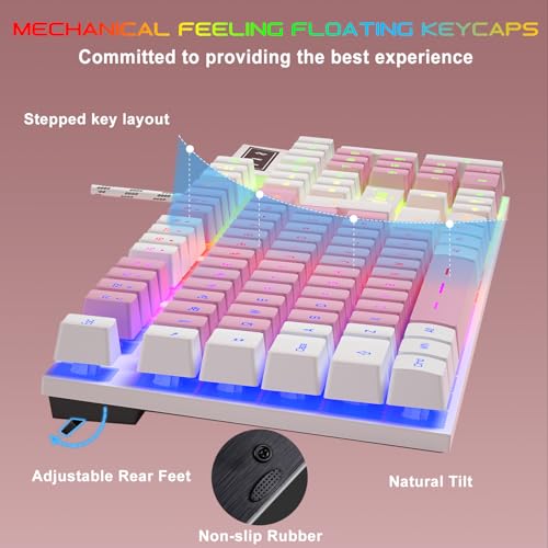 Image of BlueFinger RGB Gaming Keyboard and Backlit Mouse and Headset Combo, USB Wired Backlit Keyboard, LED Gaming Mouse Set, Headset with Microphone for Laptop PC Computer Game and Work (White & Pink)