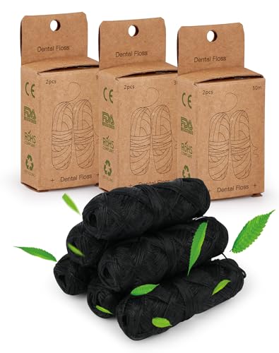 Hilo dental ecológico de 6 x 30 m, sin plástico, encerado con candelilla, 6 bobinas para rellenar, hilo dental sostenible, carbón activo de bambú, vegano