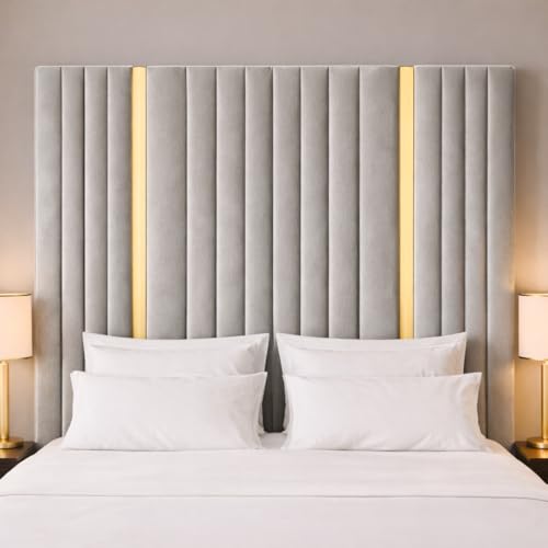 Spring Well Extra Tall Wall Mounted Upholstered Headboard,Clarance Plush Velvet Panelled Design with Gold Trim, Single, Double, King & Super King Sizes (Silver, 5ft King-127cmTall)