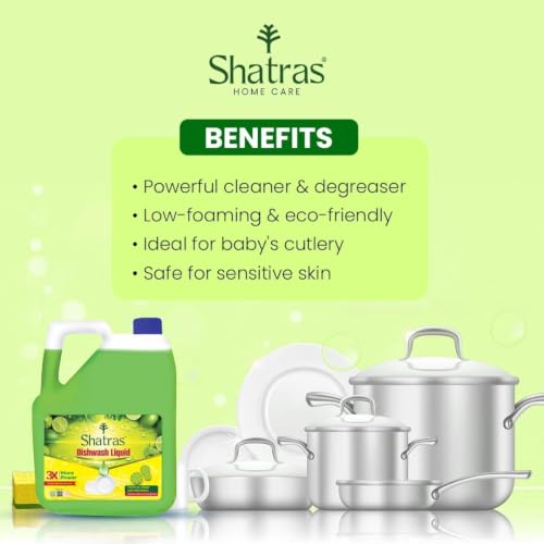 Image of Shatras Dishwash Liquid - Tropical Green Lime Freshness | Tough Grease Removal | 3X More Power | Removes Odour & Grease | Liquid Dish Cleaner(5L)
