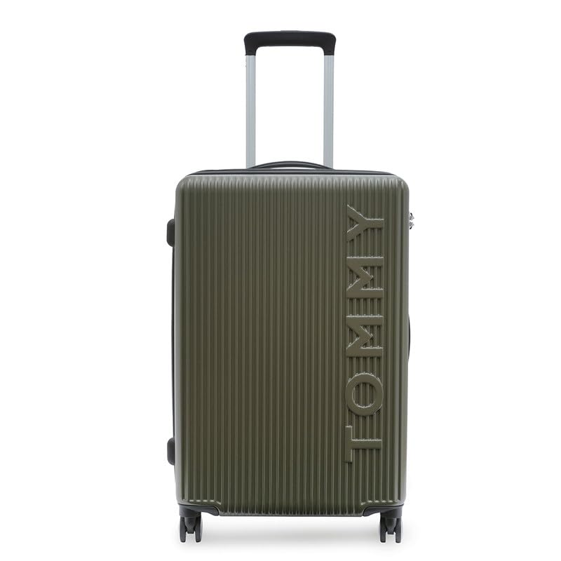 Image of Tommy Hilfiger Polycarbonate Double 8 Spinner Wheels Hard Shell Luggage Trolley, Olive Green, Empire Plus, 35L | Big Suitcase for Travel, Travelling Luggage, Small, 57 Cm