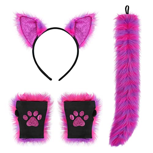 Fluffy Fox Cat Ears Headband Tail and Gloves Set Faux Fur Wolf Fox Cosplay Costume Animal Ears Headwear Long Tail Cat Paw Gloves Dress Up Kit for Halloween Role Play Fancy Dress Party Accessory