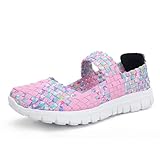 AngryMonkey Women Elastic Woven Walking Shoes Flats Sandals,Comfy Casual Non Slip Lightweight Breathable Mary Jane Sneakers Nurse Shoes (4.5,Pink,4.5)