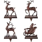 MCEAST Set of 4 Christmas Stocking Holders Santa and Reindeer Mantle Stocking Hangers Metal Christmas Hanging Hooks Safety Hanger Grips for Fireplace Decoration, Black