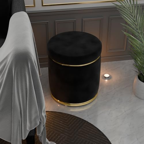 Image of ETIQUETTE ART Upholstered Velvet Round Dual Strip Ottoman Office Stool Foot Rest Stool Linen Fabric Padded Seat Pouf Ottoman with Round Shape for Living Room (Black)