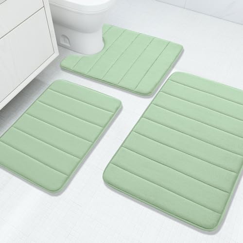 Buganda Memory Foam 3 Pieces Bathroom Rugs Set - Thick Soft Absorbent Non-Slip Bath Mats, Washable Small/Large/Contour Bath Rugs (24\" x 16\" + 30\" x 20\" + 24\" x 20\", Sage Green)