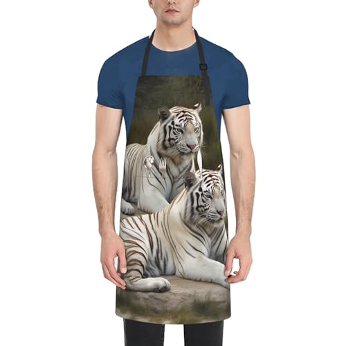 Foursssve Delantales de cocina para mujeres y hombres, delantal impermeable con bolsillos ajustables para chef, tigres blancos, Como se muestra en la imagen, Talla única