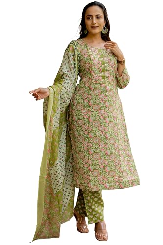 Image of MIRCHI FASHION Women's Straight Fit Pure Cotton Embellished Floral Printed Kurta Set with Dupatta and Trouser