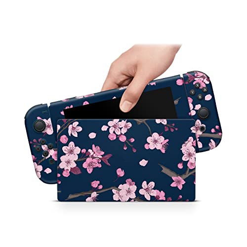 ZOOMHITSKINS OLED Switch Skin, Compatible with Nintendo Switch OLED Skin Wrap, Rosa Navy Blue Dark Cherry Blossom Sakura Japanese Asia Cute, 3M Vinyl for Durable & Fit, Made in The USA