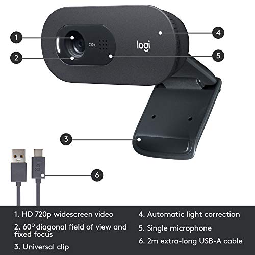 Image of Logitech C505 720p HD External USB Webcam with Long-Range Microphone Compatible with PC or Mac, Desktop or Laptop (Grey, Zoom Type: Digital)