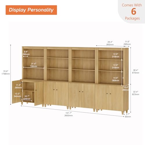 Image of WAMPAT 71 inch Tall Bookcase with Doors & Storage Cabinet, 4 Column Modern 5-Tier Bookshelf with Adjustable Shelf, 142 inch Wide Wooden Display Book Shelf for Home Office, Living Room, Bedroom, Oak