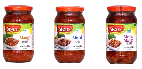 Image of SWAD Delicious and Spicy Pack of Mango Pickle / Aam ka Achar - 400g| Mixed Pickle / Mixed Achar - 400g| Methia Mango Pickle Pickle /Aam ka Achar - 400g Pack of 3