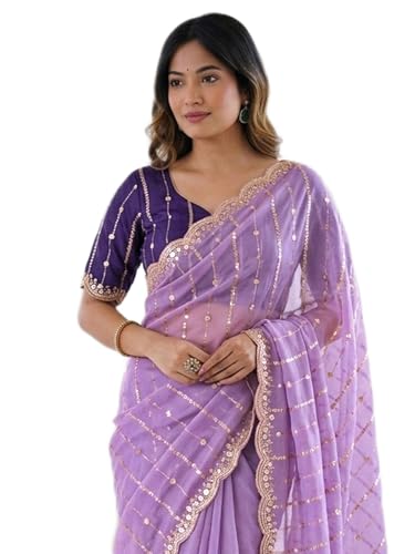 Image of SIRIL Women's Shimmer Georgette Scalloped Border Sequins Embroidery Saree with Unstitched Blouse Piece
