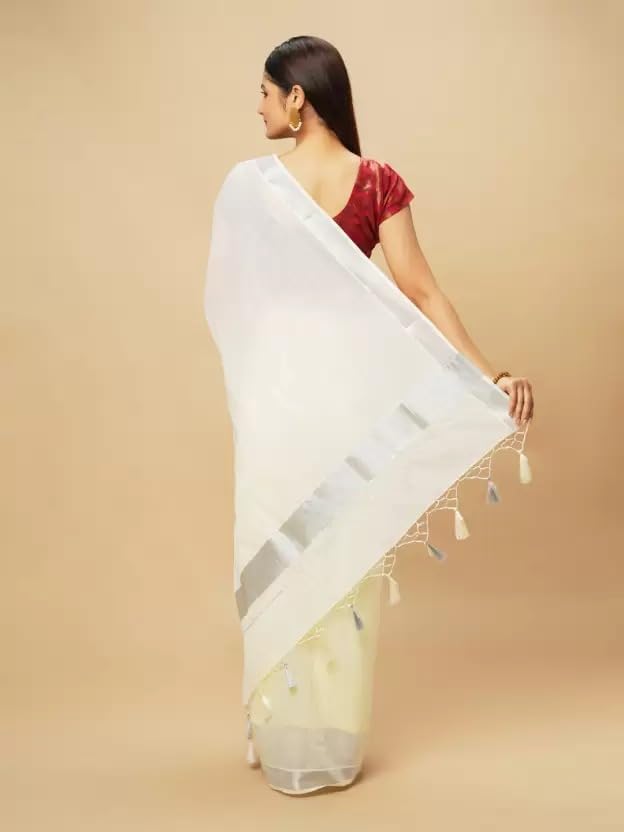 Image of Women's Kerala Off white cotton saree with running blouse| Onam Saree | Vishu Saree | Traditional White Saree