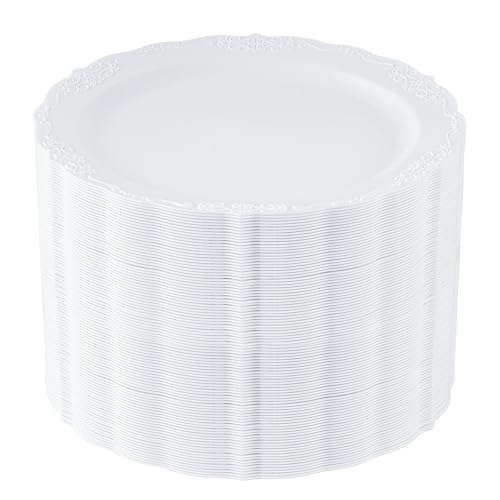 Upassion 100 Pieces White Plastic Plates - 10.25 inch White Dinner Disposable Plates - Premium Hard Disposable Dinner Plates - Party Supplies for Birthdays, Celebrations, Wedding and Events
