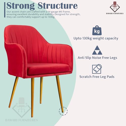 Image of Accent Chair for Living Room| Soft Velvet Fabric Armchair with Multi Colour Leg Options | Modern Chair with Thick Cushion for Home Office restaurent and cafes| 1pc (Golden Legs, Red)