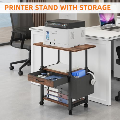 Image of YAOHUOO 22 inchx15 inch Large Printer Stand with Drawer, 3-Tier Rolling Table Cart | Storage Drawer and Side Bag,Height Adjustable Cart,Fit printer /fax /3d /scanner,4 lock wheels or feet,Home Office,Rustic Brown