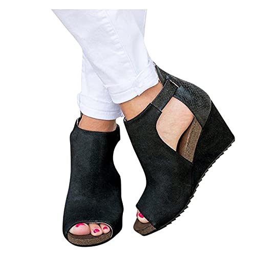 Aniywn Open Toe Wedge Shoes for Women Ankle Buckle Platform Cutout Wedge Sandals Boots Animals Print Vintage Ankle Boots Black
