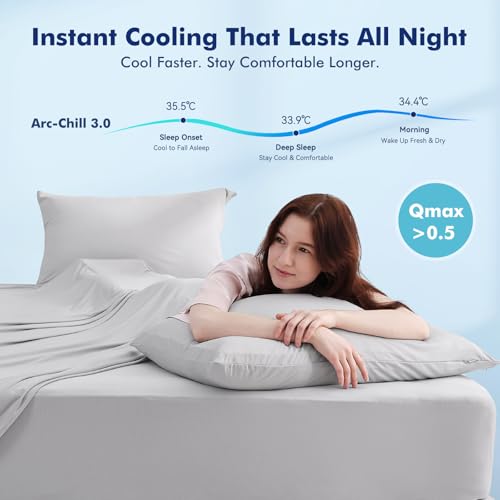Image of Elegear Full Cooling Sheets for Hot Sleepers, Silver Infused Arc-Chill 3.0 Bed Sheet Set, Q-Max 0.5 Silky Soft Breathable Cool Bedding Set for Night Sweats, 18 inch Deep Pocket, 4 Pieces, Gray