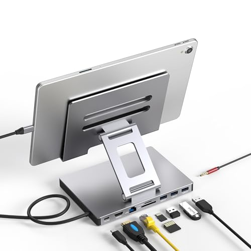 Aluminum Stand with 9-in-1 Type C Dock,100W PD,4K HDMI, Foldable for iPad Pro/Air, All-in-One Docking Station & Adjustable Holder, USB 3.0/Ethernet/SD Reader