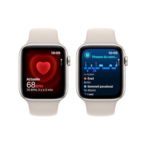 Apple Watch SE (2ᵉ génération, 2023) (44 mm GPS) Smartwatch avec boîtier en Aluminium et Bracelet Sport lumière stellaire - M/L. Suivi de l’activité Physique et du Sommeil, détection des Accidents