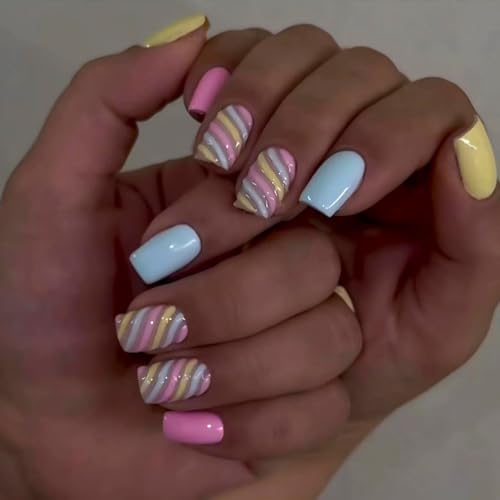 Image of 24Pcs Colorful Press on Nails Stripe Fake Nails Short Square Nail Press ons