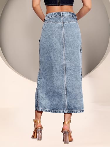 Image of Dolce Crudo Women's Flared High-Rise Stretchable Denim Maxi Skirt