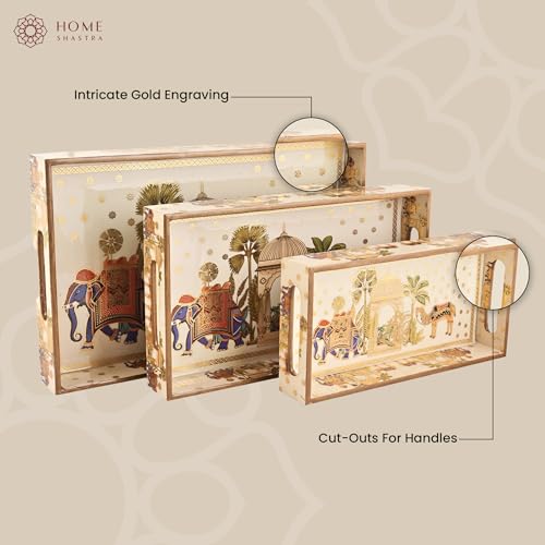 Image of Wooden Serving Tray with Gold Engraving | Set of 3 | Size : 16 x 10 inch, 14 x 8 inch & 12 x 6 inch | Enamel Coated Waterproof | Rectangular | Decorative Trays | Royal Camel Set