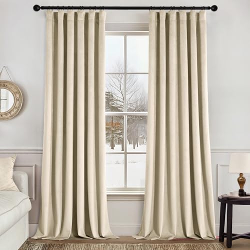 Image of MIULEE Velvet Curtains 50W x 84L 2 Panels Beige Blackout Curtains | Luxury velvet fabric, pinch pleat design, back tab hooks, thermal insulated, blackout light blocking, for living room bedroom