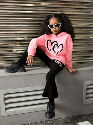Image of 6-13 Years Girls Clothing Heart Print Hoodie Top + Heart Print Flare Leg Pants 2PC Clothing Set