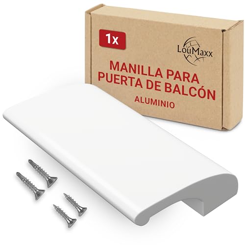 LouMaxx Tirador exterior para puerta de balcón – Robusto mango de aluminio – Tirador de puerta resistente a la intemperie y duradero con recubrimiento en polvo en color blanco, incluye plantilla de