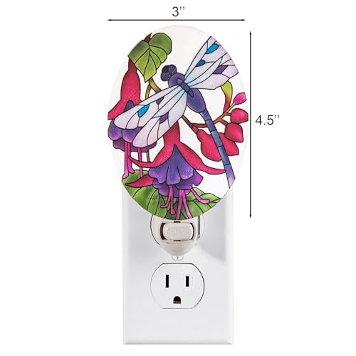 Image of Dragonfly Night Light - Stained Glass Styled Plug-in Wall Light for Vertical Outlets - Real Glass, Warm Glow for Bedroom, Bathroom, Hallway - Gift for Nature Lover