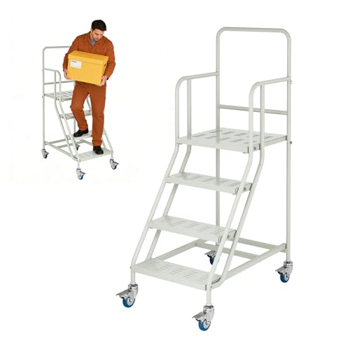 Image of 4 Step Rolling Ladder with Handrails, Industrial & Warehouse Stairs with Wheels, 485LBs Capacity Non-Slip Platform Ladder for Garage, Library, Supermarket, 445LBs Capacity