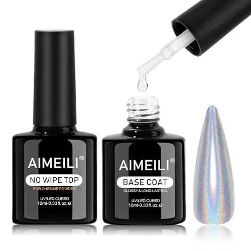 AIMEILI Base et Top Coat Vernis Gel Semi Permanent Couche Finition pour Poudre Chrome Ongle Brillant Miroir Longue Durée UV LED Manucure 2 x 10ml