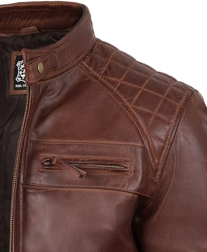 Image of fjackets Mens Leather Jacket Moto Style Real Lambskin Leather Jacket, Quilted Cafe Racer Classic Zip Up Biker Jacket for Men