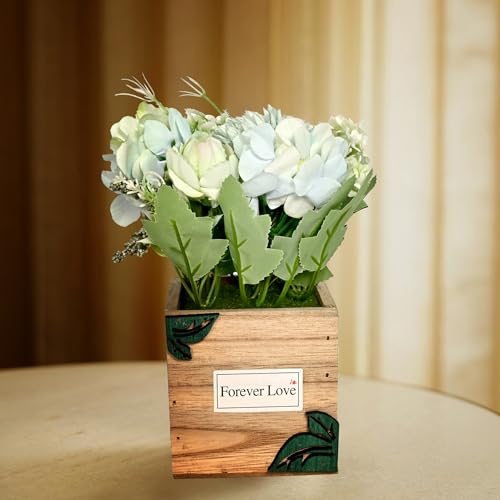 Image of Cortina Wooden Pot Bamboo Potted Plant | Home Decor Items for Living Room Balcony Kitchen Bedroom Office Table Top Decoration - Blue, 20X10
