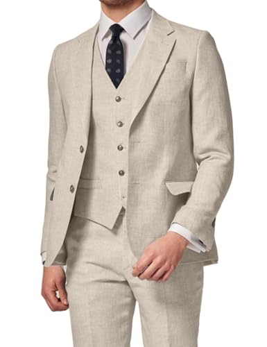 3 Piece Summer Linen Suits for Men, Men's Slim Fit Suit Set Two Buttons Casual Solid Blazers Vest Pants Set for Wedding Party, Beige, XL