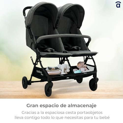 Miniatura 4 de Silla De Paseo Gemelar Double Henry - Reclinable Y Plegable, Para Gemelos O Hermanos Desde Nacimiento Hasta 15 Kg, Capota Uv, Freno Y Cesta Verde Asalvo