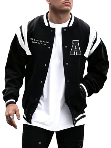 WDIRARA Men's Letter Print Two Tone Baseball Jacket Drop Shoulder Long Sleeve Varsity Coat Outerwear