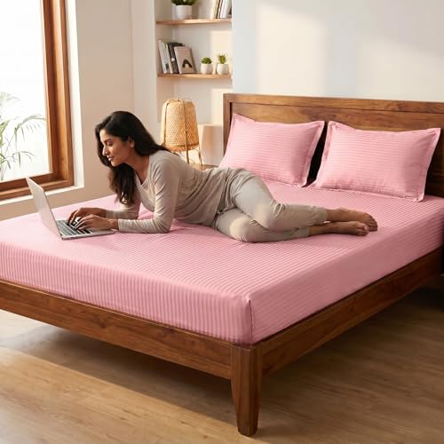 Image of Mafatlal Italian Strip Cotton Bedsheet for King Size Bed with 2 Pillow Covers | 210 TC Pure Cotton Flat Sheet Light Pink | 108 x 108 Inches | Comfortable & Long Lasting