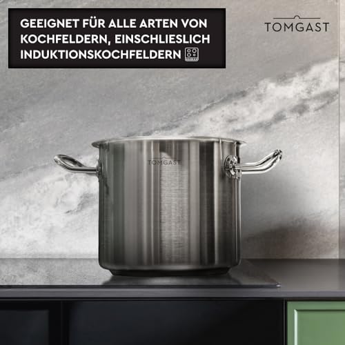 TOMGAST EXCLUSIVE Topf Durchmesser 32 cm | Fassungsvermögen 10 l, Höhe 13 cm | Edelstahl, außen hochglanzpoliert | ergonomischer Griff | Dreischichtboden | Induktion | Spülmaschinenfest
