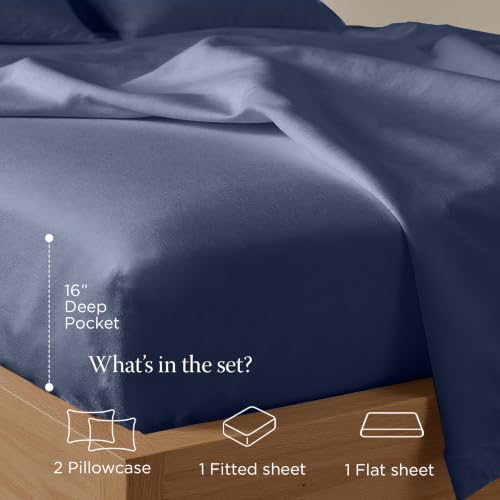 Image of Threadmill 300TC Cotton Full Sheet Set, Sateen, Solid, Folkstone Blue | 100% Cotton, Sateen Weave, 4-Piece Set, 16 inch Deep Pocket, All-Around Elastic, Cooling, Breathable, OEKO-TEX Certified