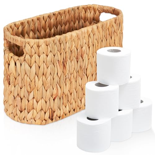 Salato Wicker Toilet Paper Holder Stand, 6 Rolls Wicker Toilet Paper Storage Basket for Bathroom, Natural Water Hyacinth Storage Baskets with Handles