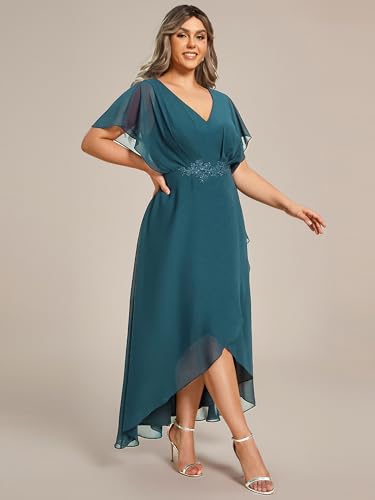 Image of Ever-Pretty Plus Women's V Neck Applique Plus Size Wedding Guest Dress Short Sleeves Maxi Formal Dresses
