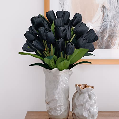 SNAIL GARDEN 3 Bunches/27pcs Black Artificial Flowers,Fake Silk Tulips Real Touch Faux Flowers Bouquet forHome Party Floral Arrangements Decor,Halloween Decorative Flowers - Image 2