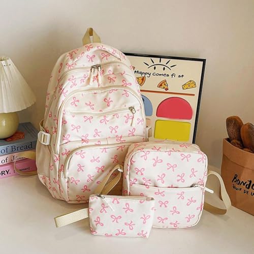 3Pcs Coquette Bow Backpack, Nylon Backpack Built-in Organizer, Aesthetic Daypack Bow Rucksack, Lightweight Travel Daypack for Women Girls4