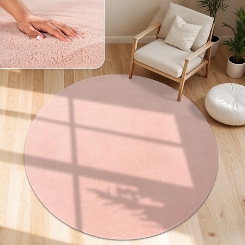 Paco Home Tappeto Moderno e Morbido per Soggiorno a Pelo Corto Lavabile Fluffy Uni Effetto Pelliccia Senza Tempo Elegante Antiscivolo Facile da Pulire, Dimensione:80 cm tondo, Colore:Rosa