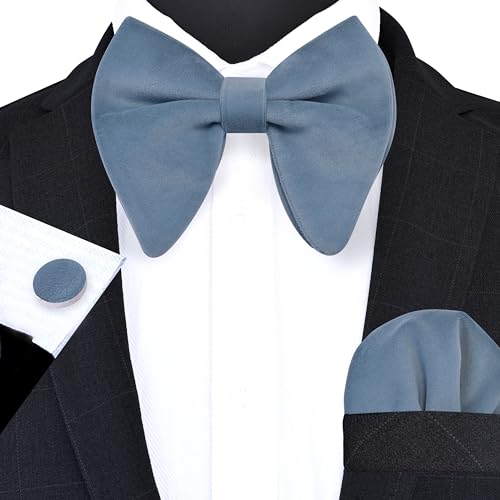 Image of GUSLESON Mens Solid Plaid Velvet Pre-tied Adjustable Bow Tie and Pocket Square Cufflink Set with Gift Box