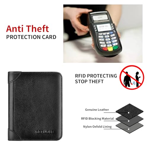 Mens Leather Wallet，Mens Trifold Wallet, RFID Blocking Wallet,Leather Wallet For Men,2see-through Id, 9 credit card slots, with, 2-pocket money divider,Large Capacity Wallet (Black)3